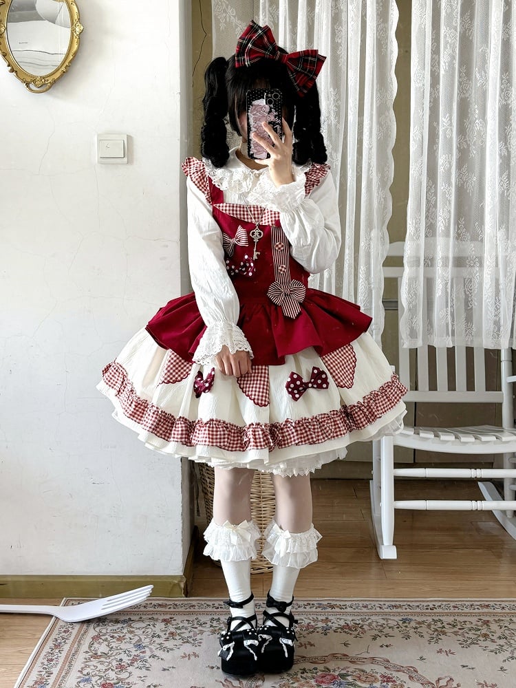 Rotes Gingham Lolita-Overallkleid mit süßer Schleife