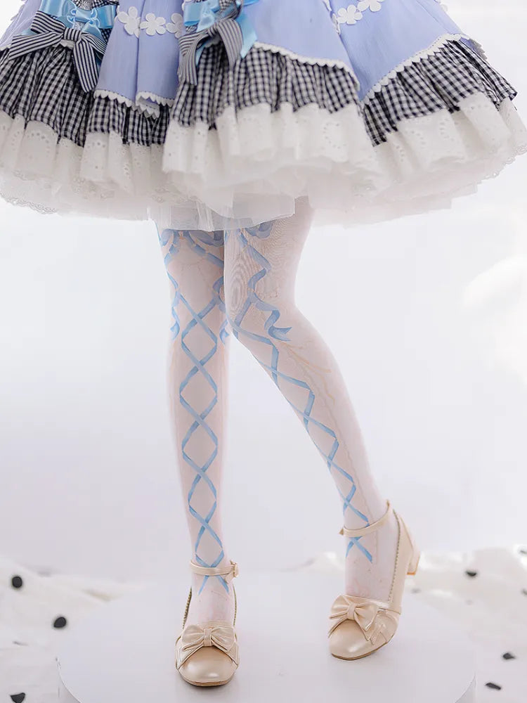 Rosa/blaue süße Lolita-Strumpfhose mit Schleifenmuster