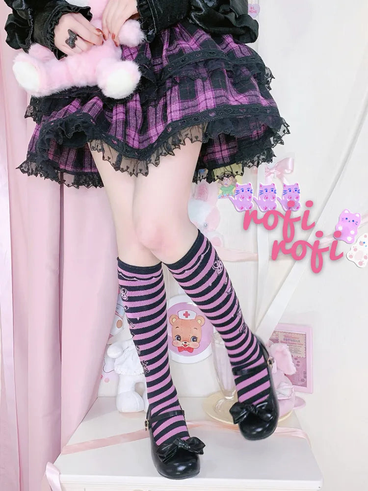 Bunny Print Sweet Lolita Underknee Striped Stockings