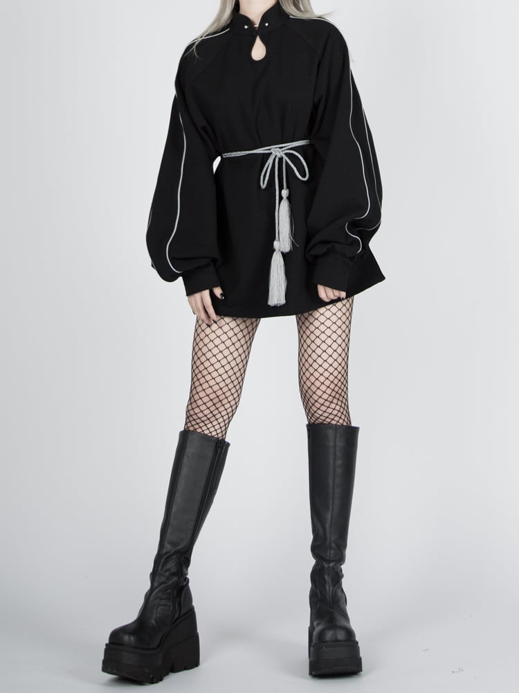 Tassel Black Reflective Sweatshirt with Qipao-Style Cyberpunk Belt