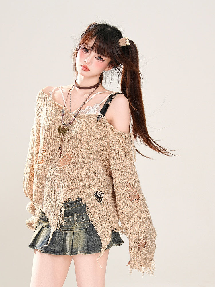 Gestrickter Punk Khaki Asymmetrischer Ausschnitt und Löcher am oberen Saum Wasteland Distressed