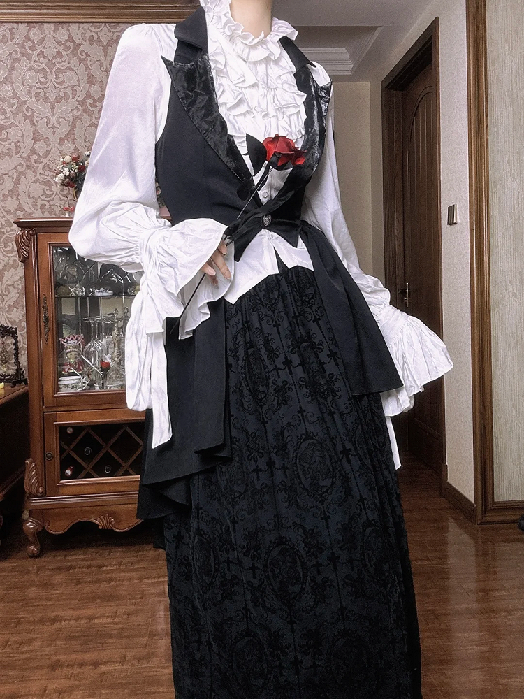 + Full Sleeves Black Shirt and - Gothic Set Waistcoat Skirt Lolita Long Elegant White