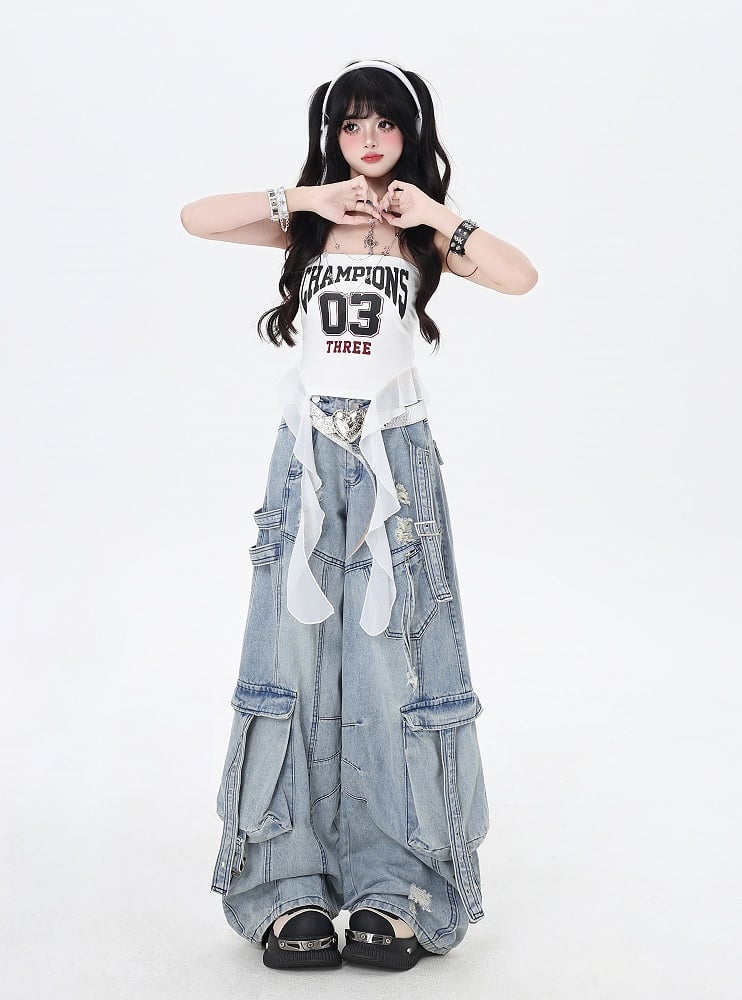 Rise Distressed Holes Jeans Low Blue Wide-leg Cargo