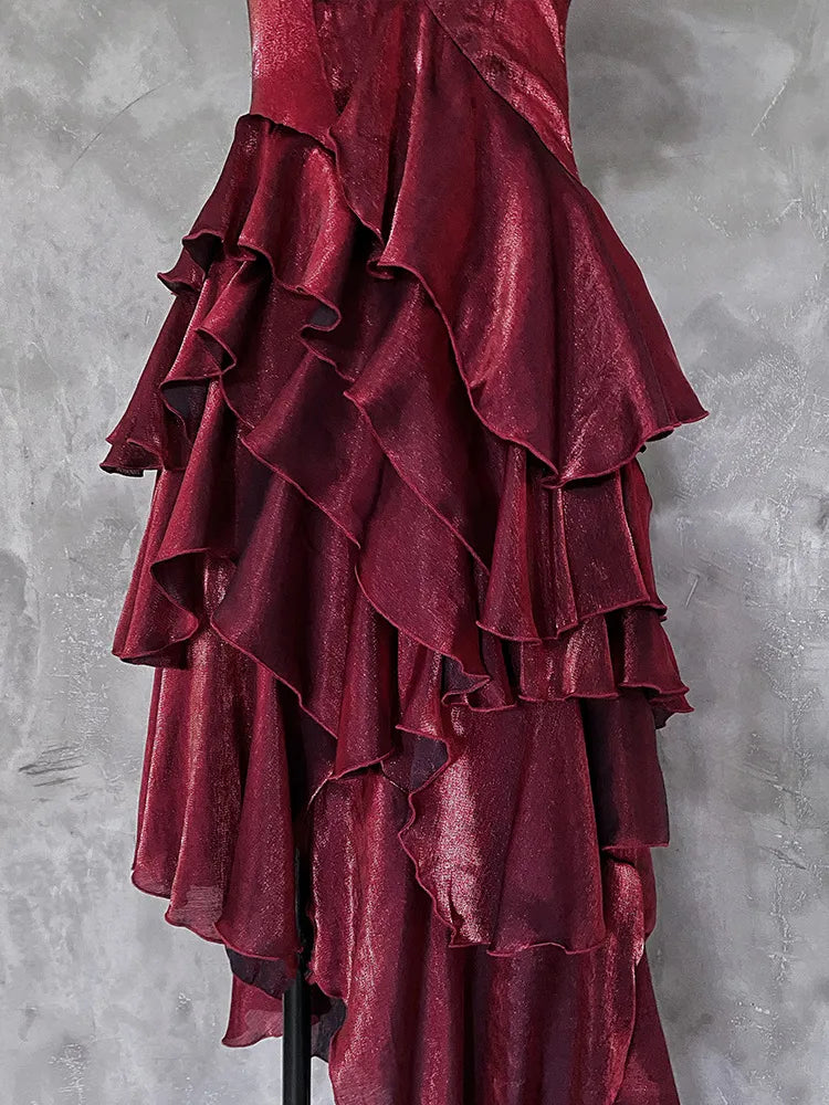 Red Shimmer Asymmetrical Layered Flounce Spaghetti Strap Prom Dress Evening Gown