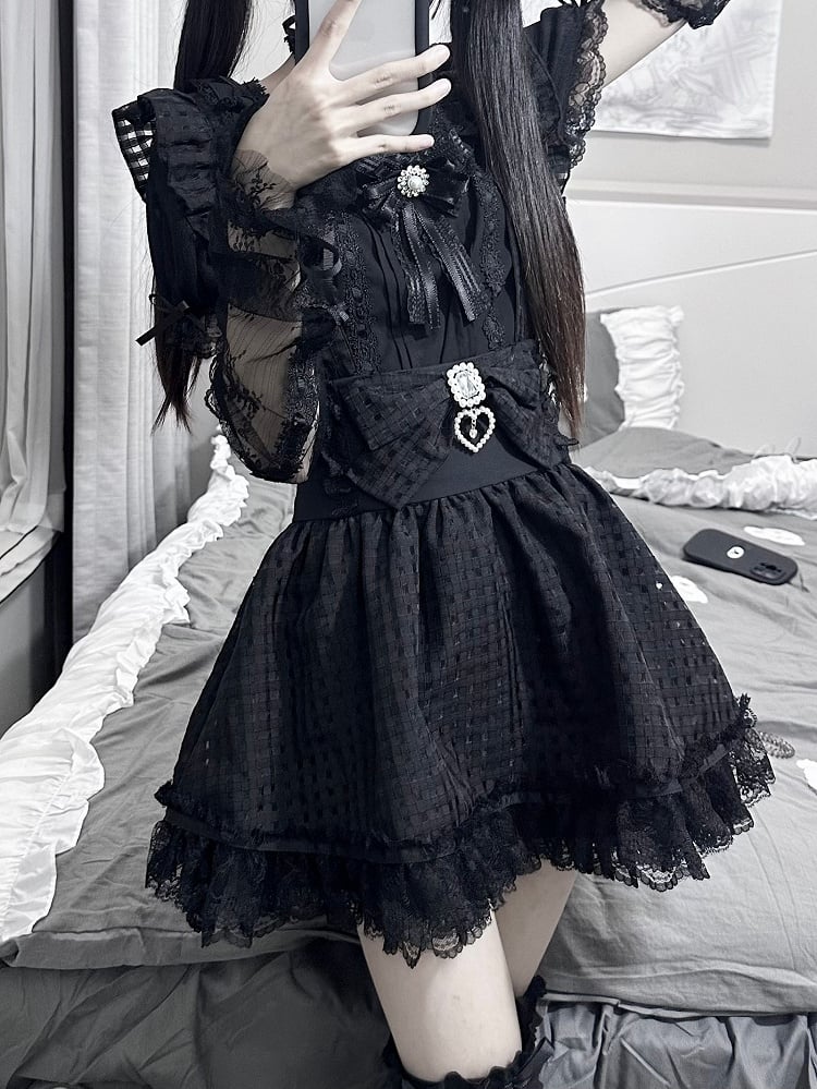 Detachable Kei Skirt Shoulder High Straps / Plaid Jirai Overall Black Waist with