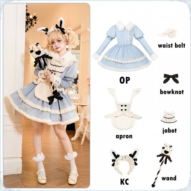 Alice Blau Langarm Plüsch Kragen und Manschetten Sweet Lolita OP Komplettset