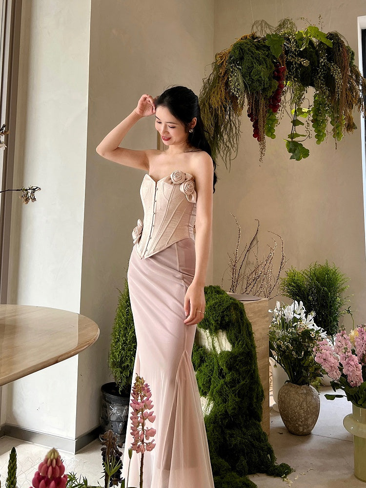 Nude Pink Vintage Bustier Flowers Satin Boned Corset Top