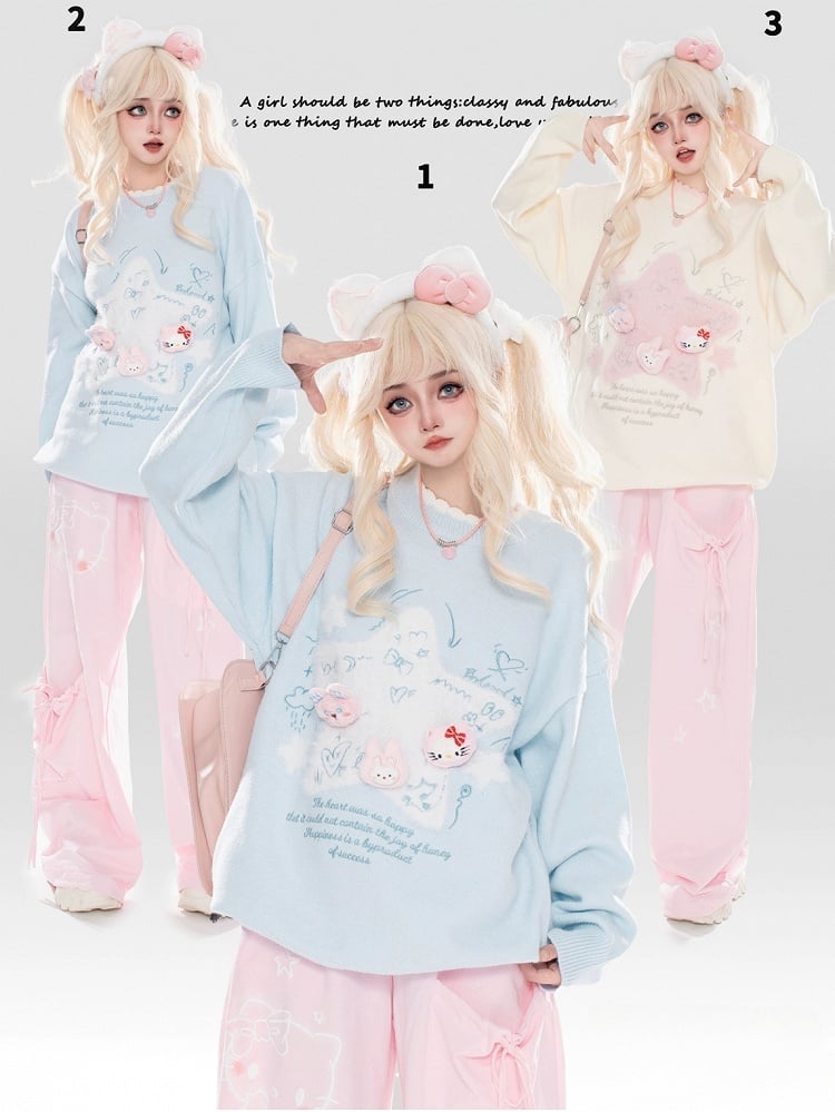 Light Blue/Light Yellow Star Applique Cute Kitties Adorned Loose Sweater