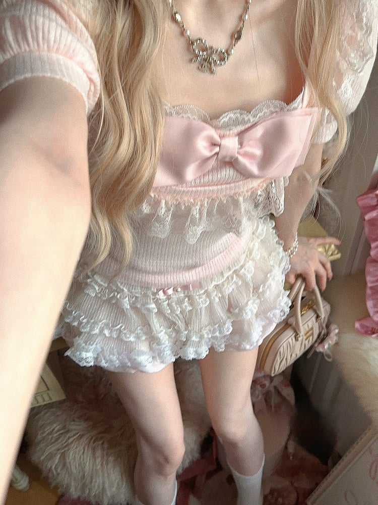 Pink With Sleeve Top Bow Lace Puff Trim Playful Slim-Fit