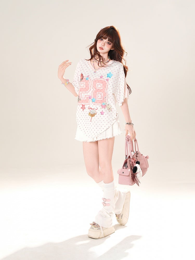 Pink Polka-dot Pattern T-Shirt Print Star V-Neck Loose
