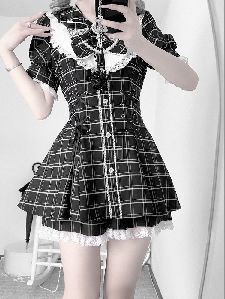 Mini Dress+Shorts Jirai Black Lace-up Plaid Set Embellished Details Kei Waist Rhinestones