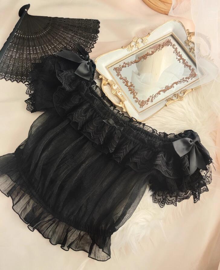 Black Elastic Off-the-shoulder Neckline Short Sleeves Sheer Blouse