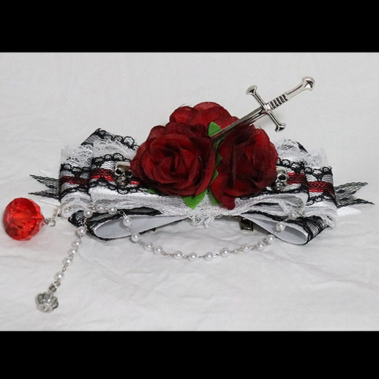 RedWhite Rosette Sword Hairclip Trim Bowknot Design Lace Decorated And Skeleton Charm Beaded
