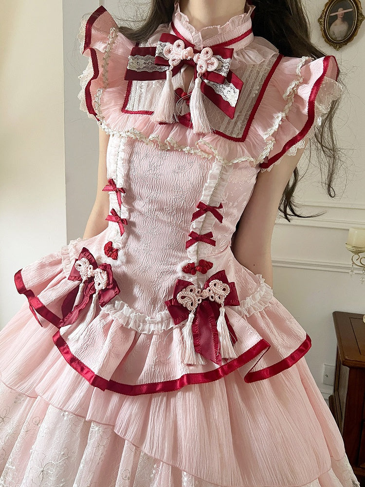 Qi Lolita Frog Button Cheongsam Collar Dress Details Style Tassel Pink