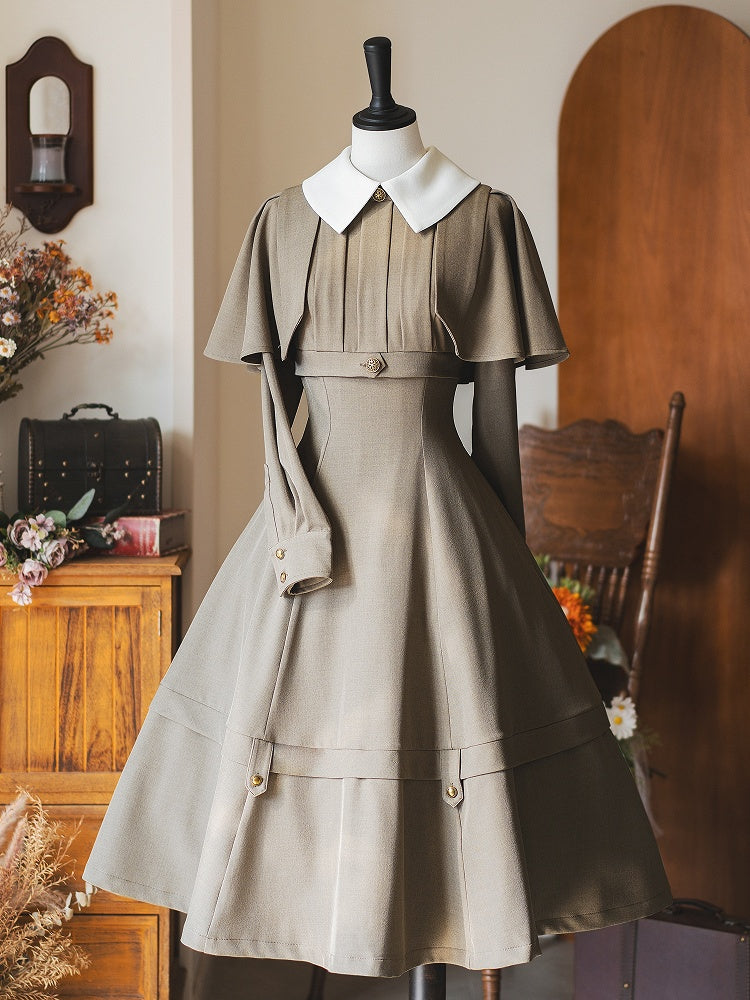 Khakifarbenes, abnehmbares Cape, elegantes Retro-Schlankheitskleid