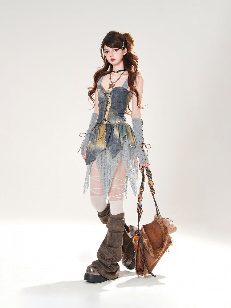 Three - Set Blue Oil Painting Pieces Lace-up Front Hooded Top +