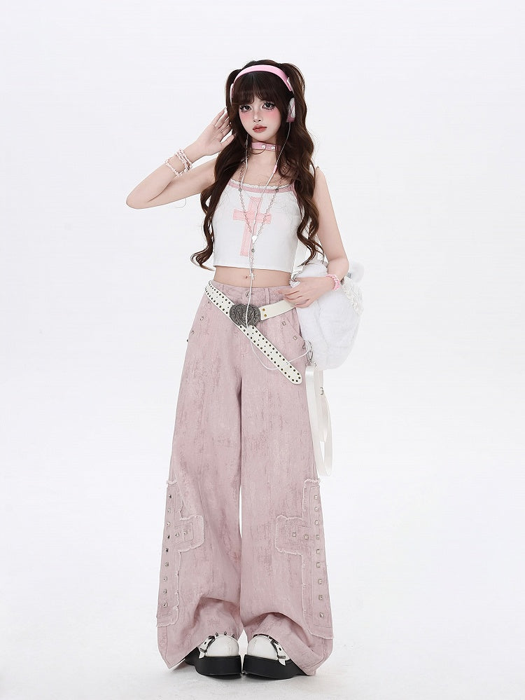 Studded Cross Appliques Wide-Leg Jeans Waist Light Pink Low