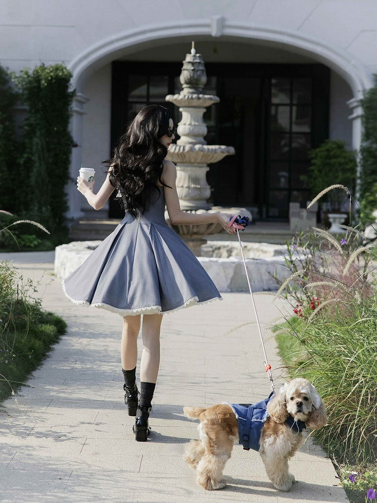 Fit Fashion Waist Lolita Gray Dress Elegant Slim