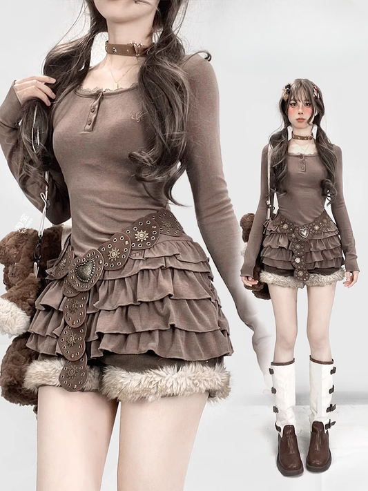 ヴィンテージブラウンのラウンドネックレーストリムのグラマラススリムフィットミニティアードドレス