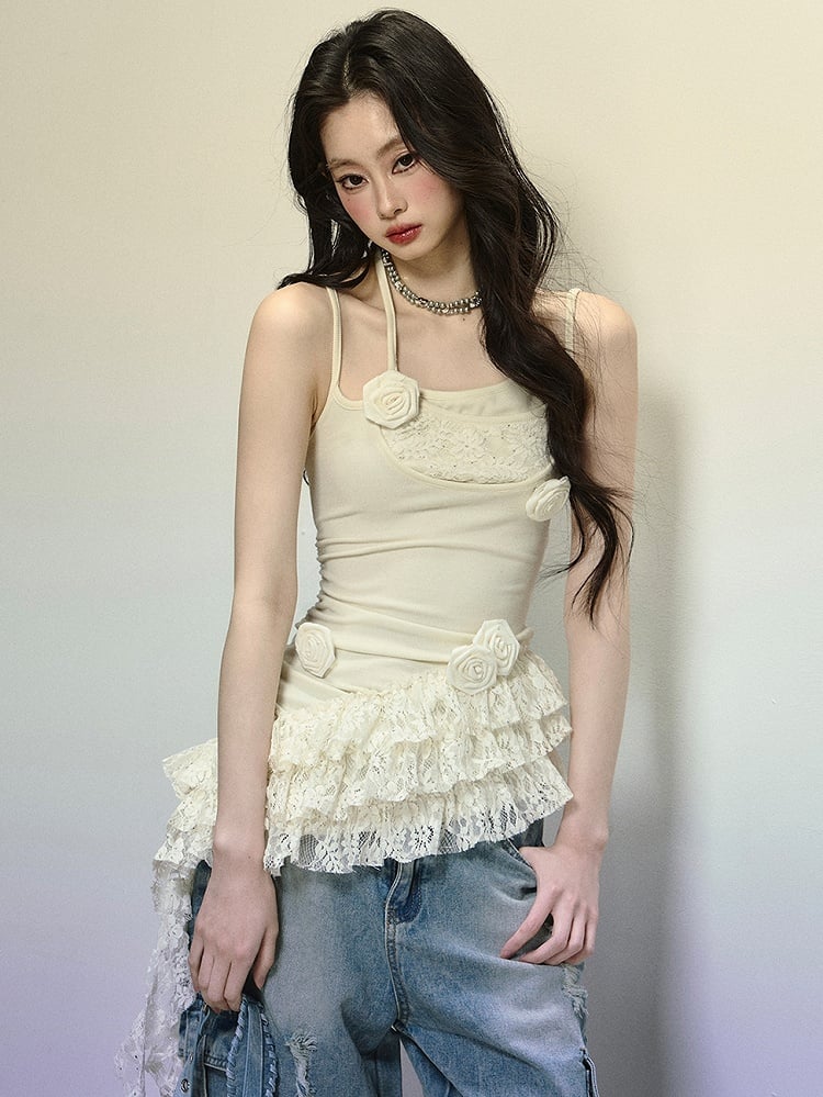 Apricot Floral Embellishments Cami Top with Asymmetrical Tiered Hem