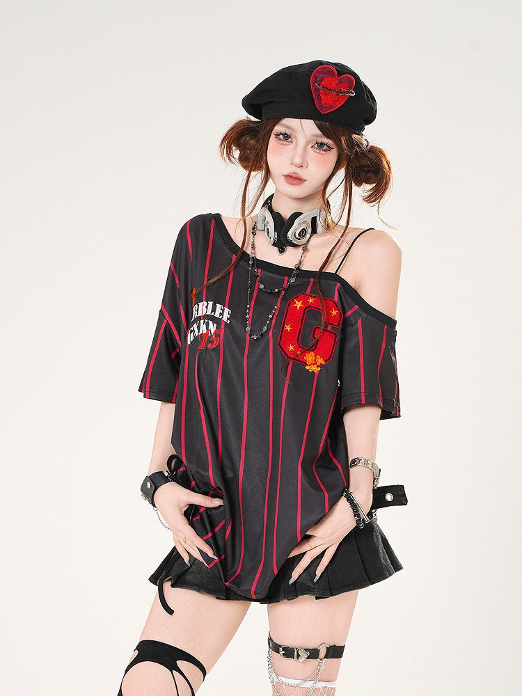 Asymmetrischer Ausschnitt Blokette Core Weiß/Schwarz gestreiftes T-Shirt