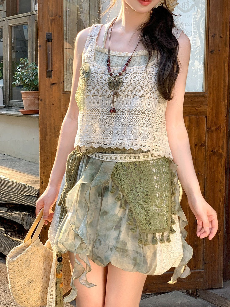 Shorts Dye Lace Waist Mori Kei Green Elastic Side Patches Tie