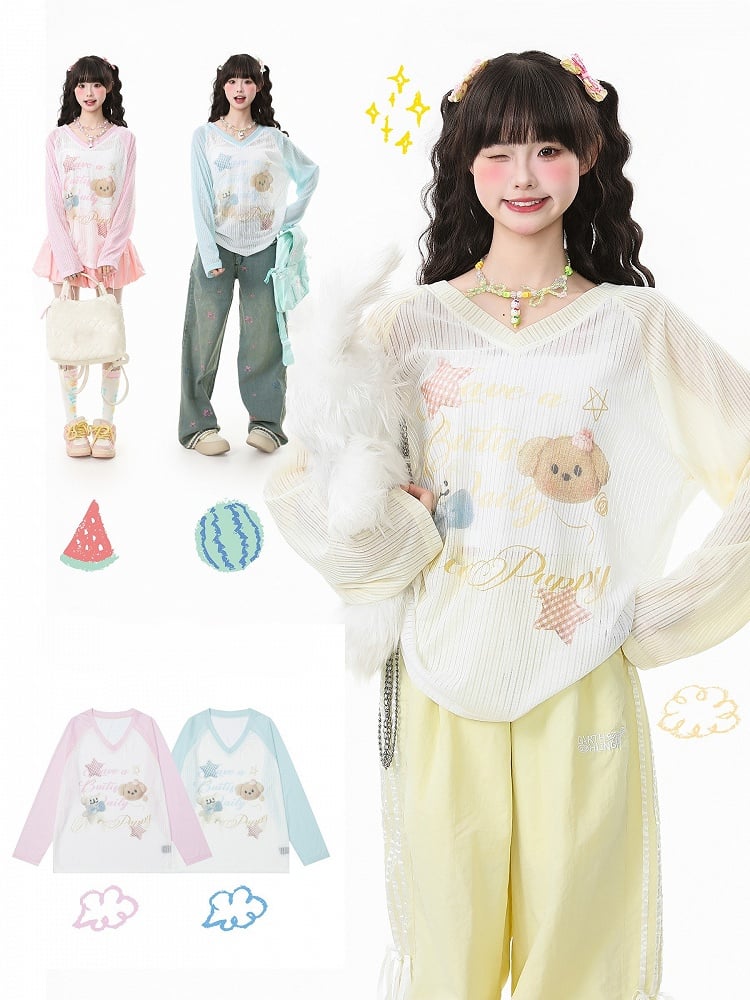 Apricot/Pink/Green Kawaii V-Neck Knit Top with Puppy Print - Long Sleeve Pullover