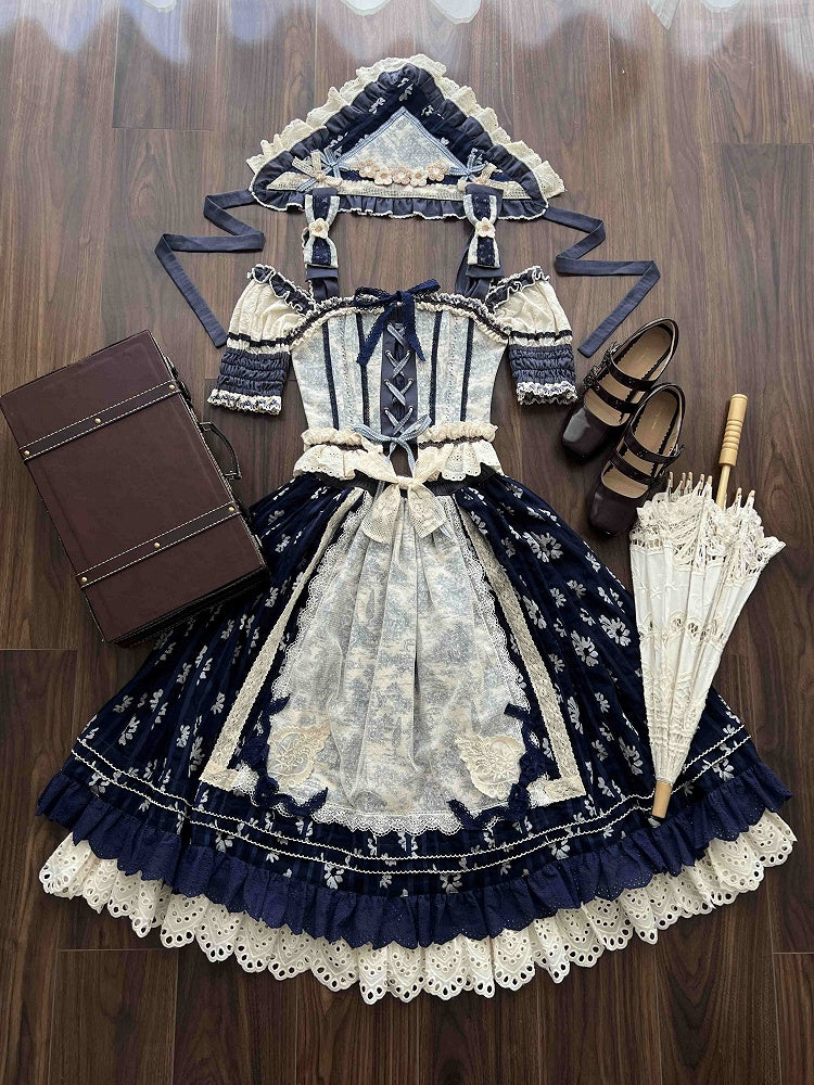 Blue Open Shoulders Cabins Corset Top + Dark Blue Floral Print Lolita Skirt