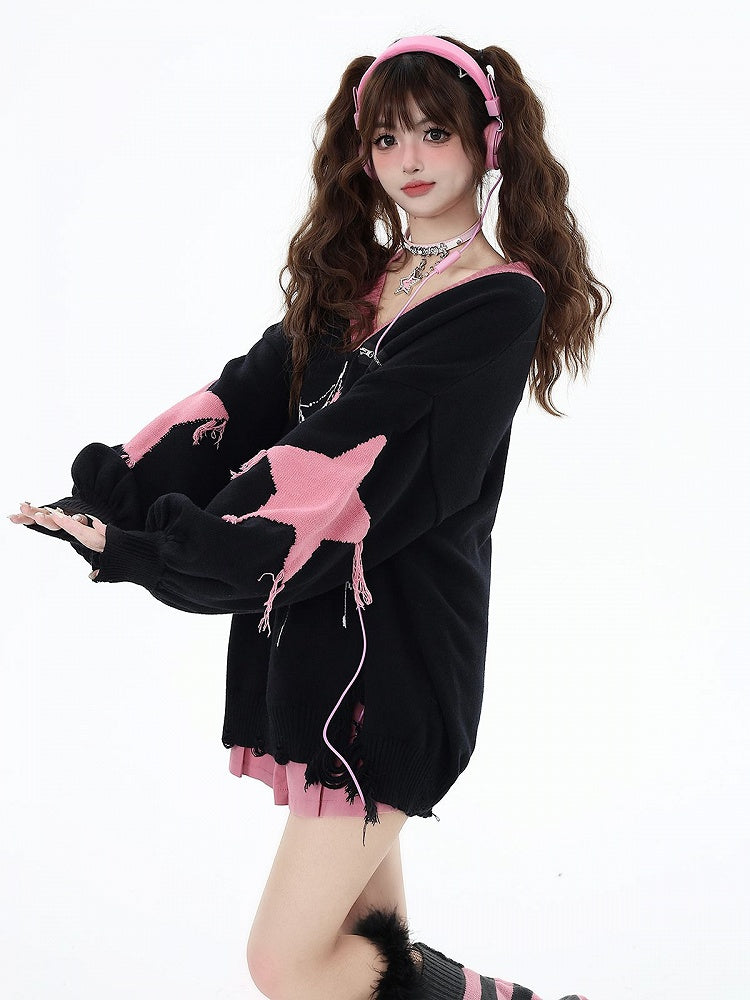 Pattern Spider Distressed Web Hem Black Sweater Holes
