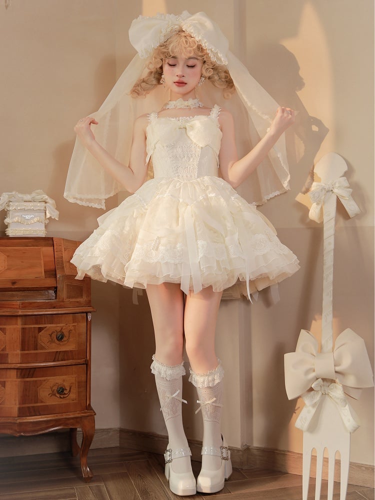 Dress Princess Lolita White Waist on and Ribbon Bows Beads Basque Skirt Creamy