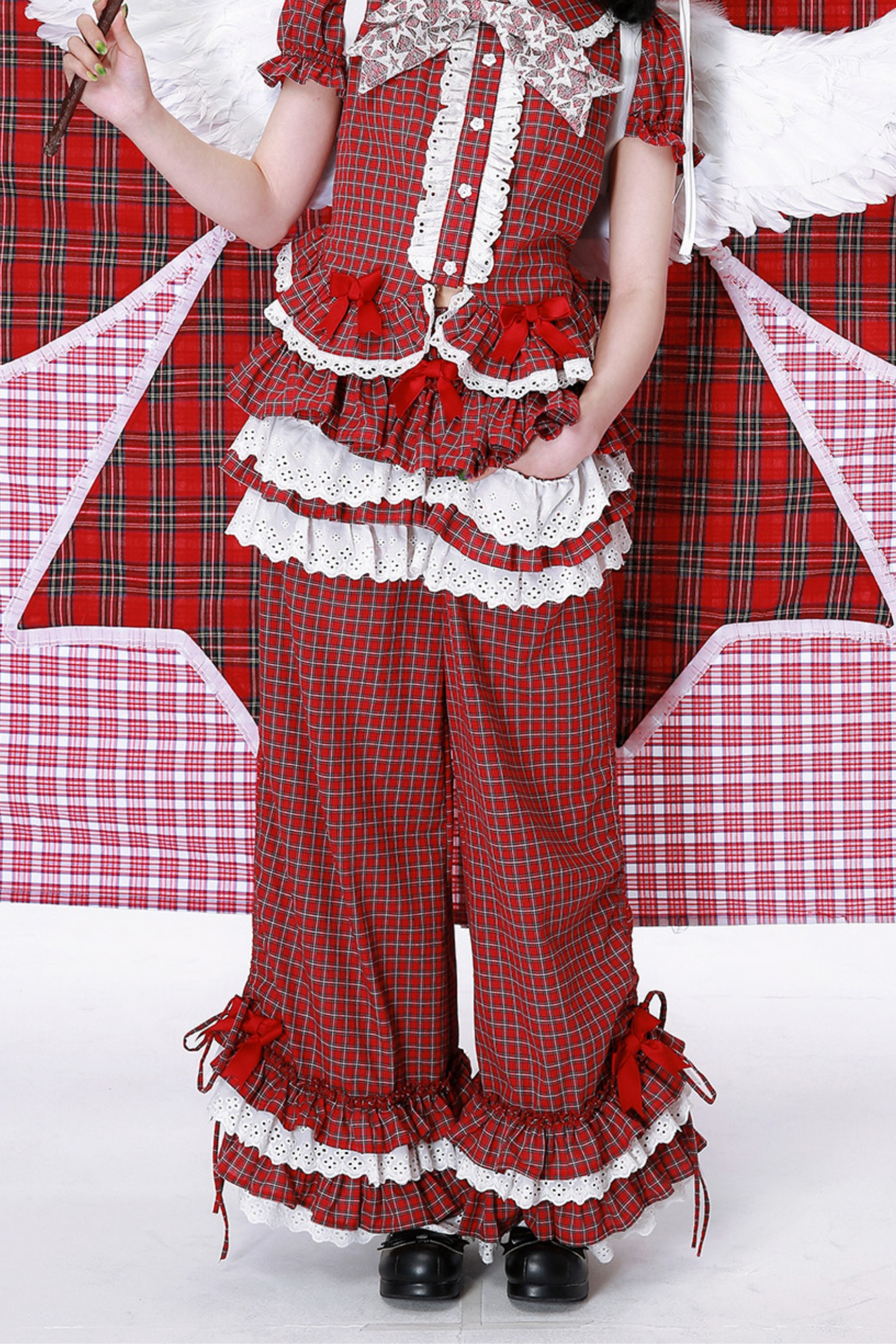 Check Lace Ruffle Retro Long Pants