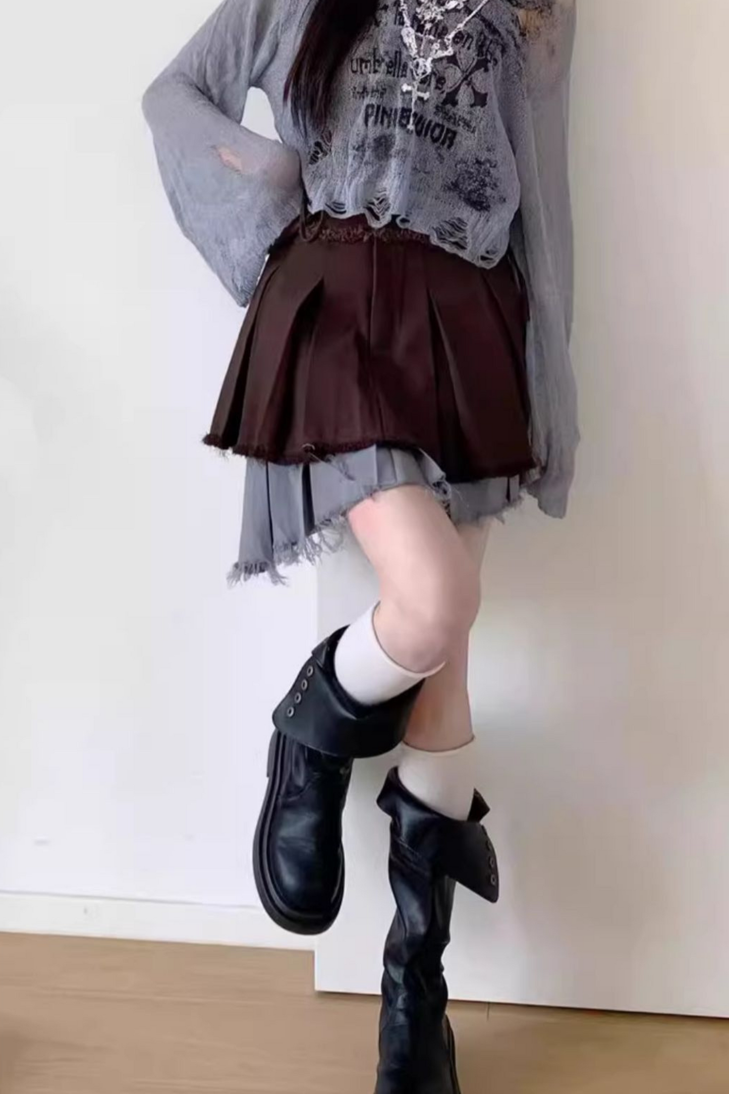 skirt + blue bustier top dark check y2k asymmetrical