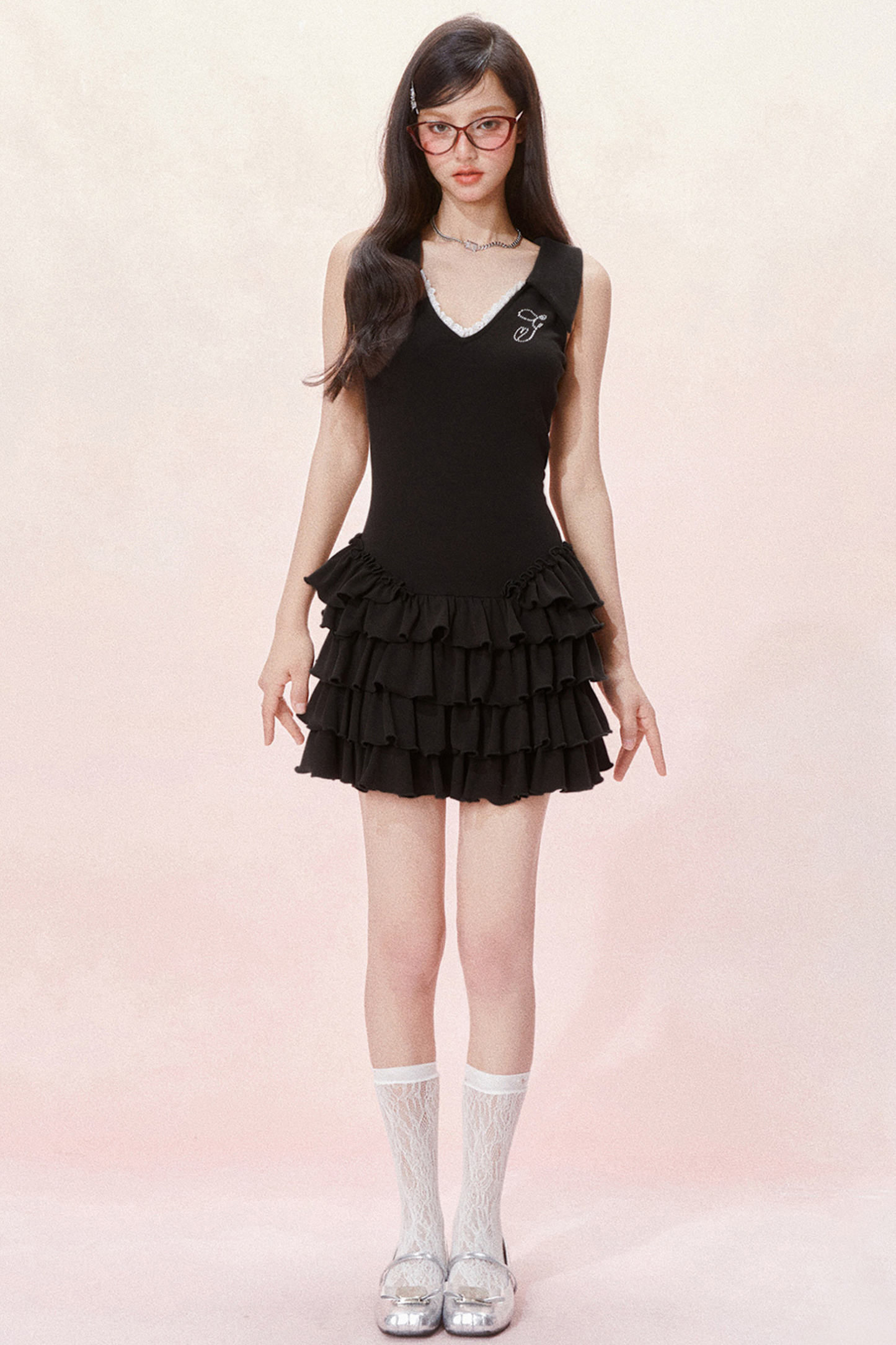 Slim Cake Dress Fit Sleeveless Chic Ruffle V-Neck