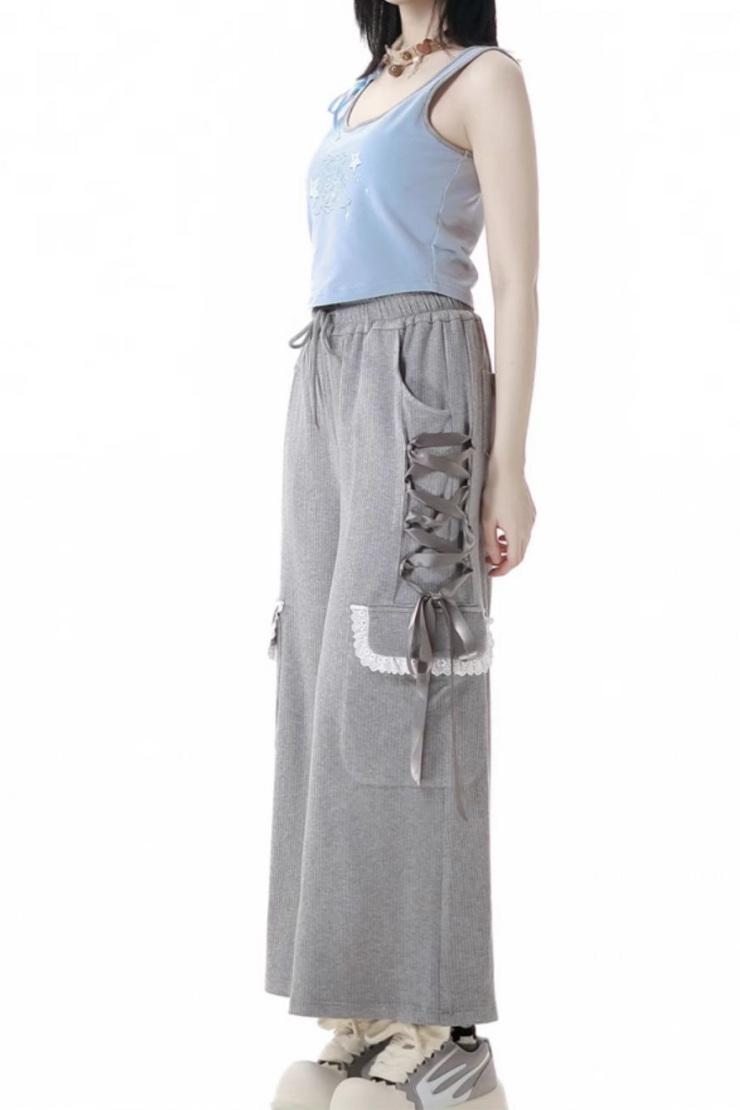 One-shoulder top + pants lace-up camisole