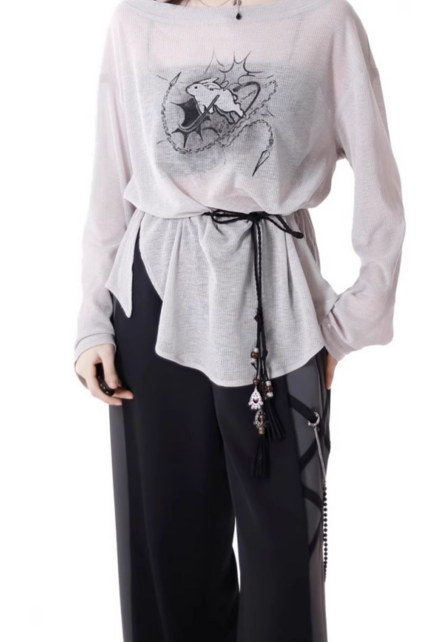 Mode top T-shirt pants wide + design lace-up waist