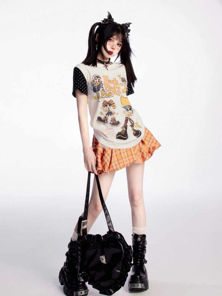 Puppy Orange Plaid Drawstring Waist Print Mini Bubble Skirt