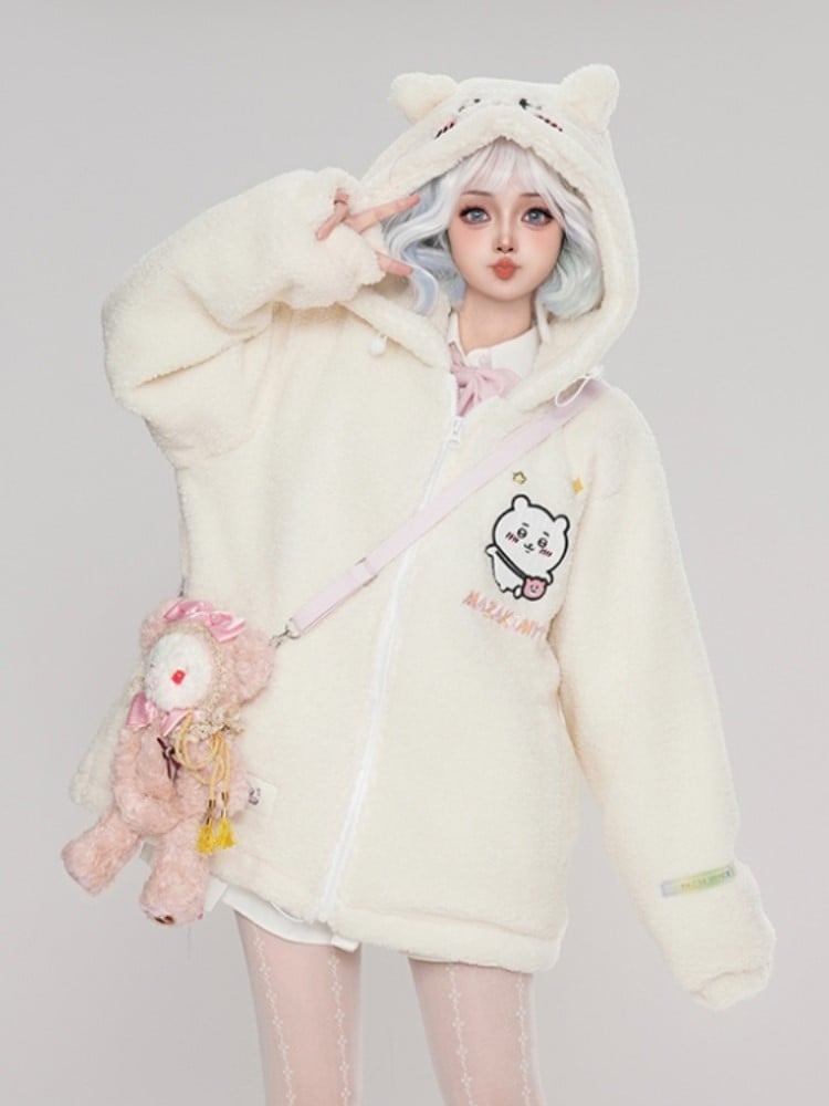Fleece Cartoon Weiß Hamster Mantel Ohren Mit Kapuze Druck