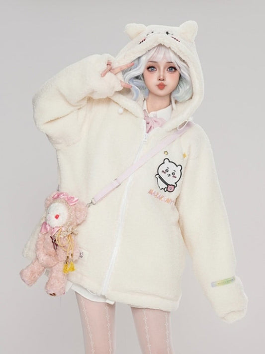 Fleece Cartoon White Hamster Coat Ears Hooded Print With