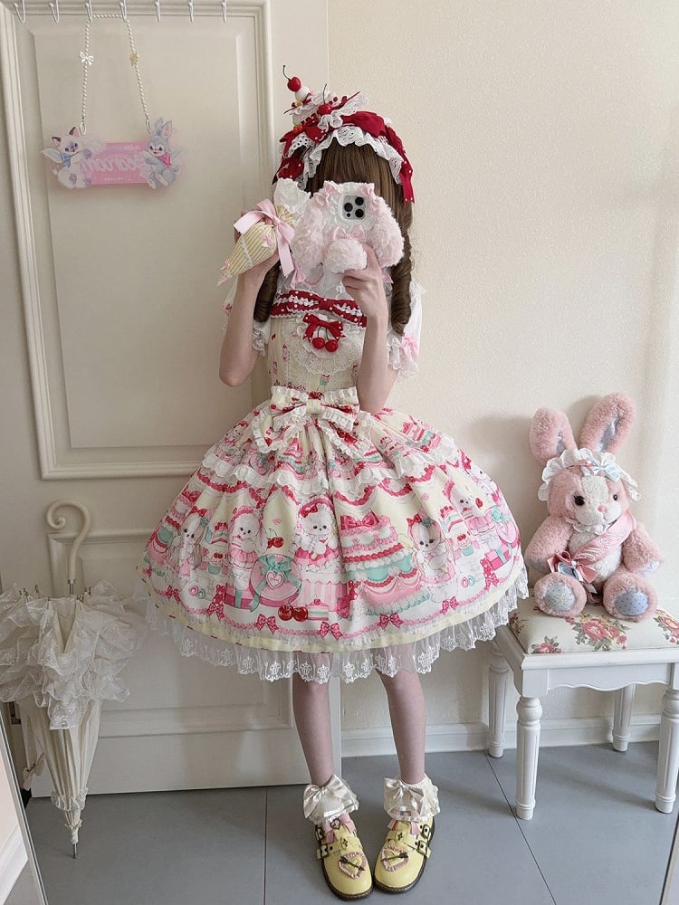 Sweet Dress Cakes Bunny Yellow Print and Skirt Lolita Jumper