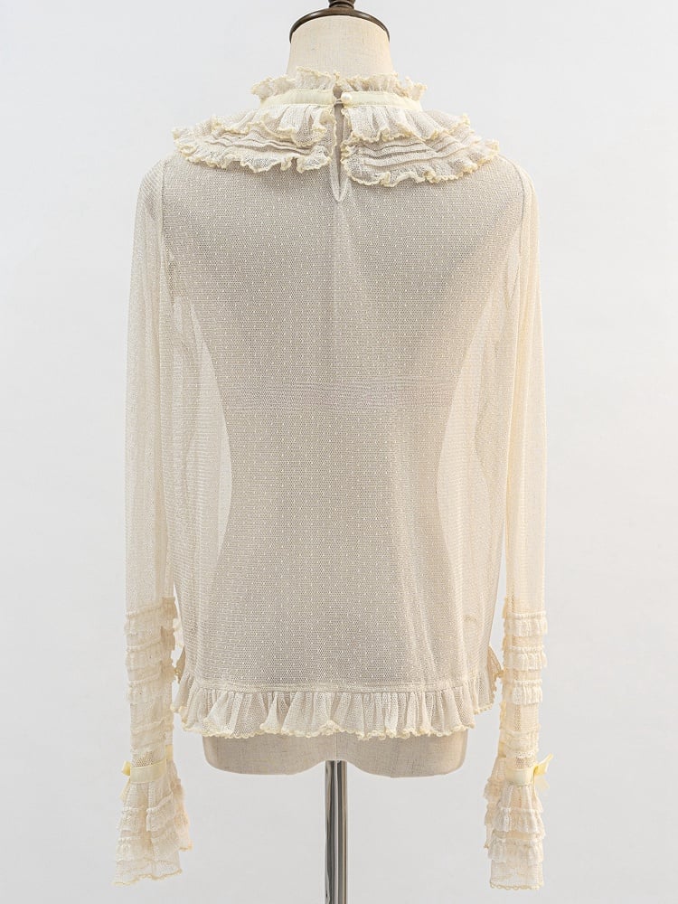 Beigefarbene, transparente Bluse mit langen Ärmeln und Rüschenausschnitt
