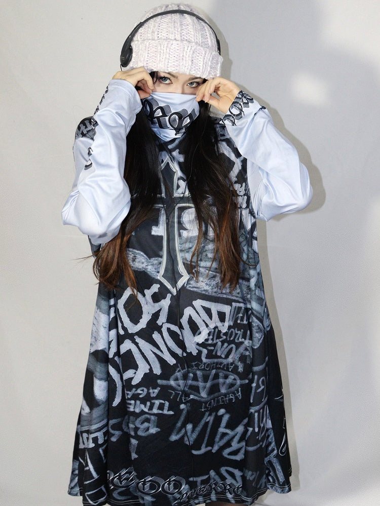 Fashion Print Gyaru Gray Letter Dress