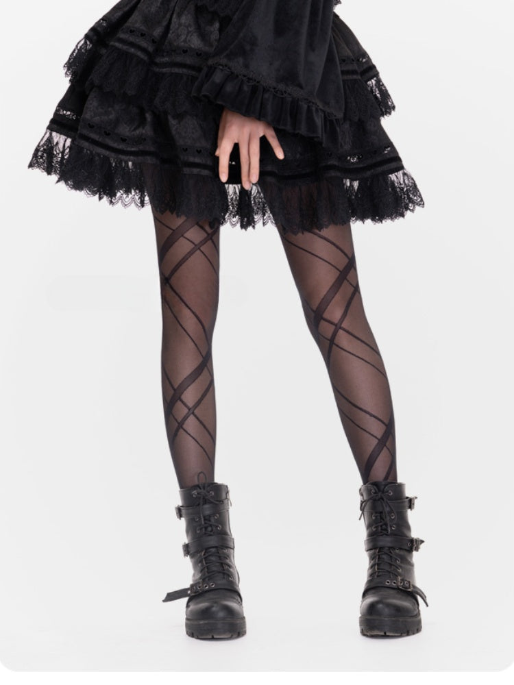 Schwarze, halbtransparente Lolita-Strumpfhose mit überkreuzten Bändern