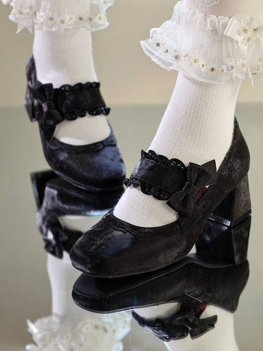 Slip-On Scalloped with Elegant Lolita Ornate - Bows Edging Design in Black Easy Ballet Shoes Decorative