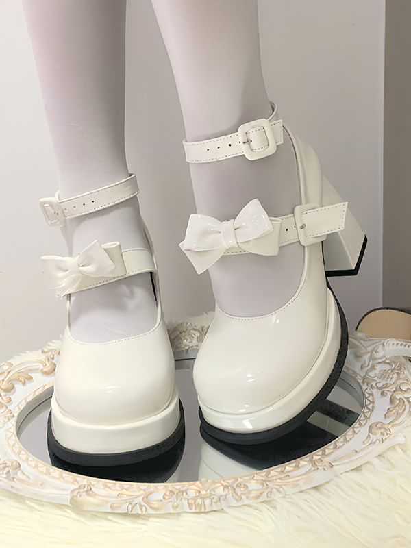Weiße Lolita-Schuhe mit abnehmbarer Schleife und Plateausohle und hohem Blockabsatz