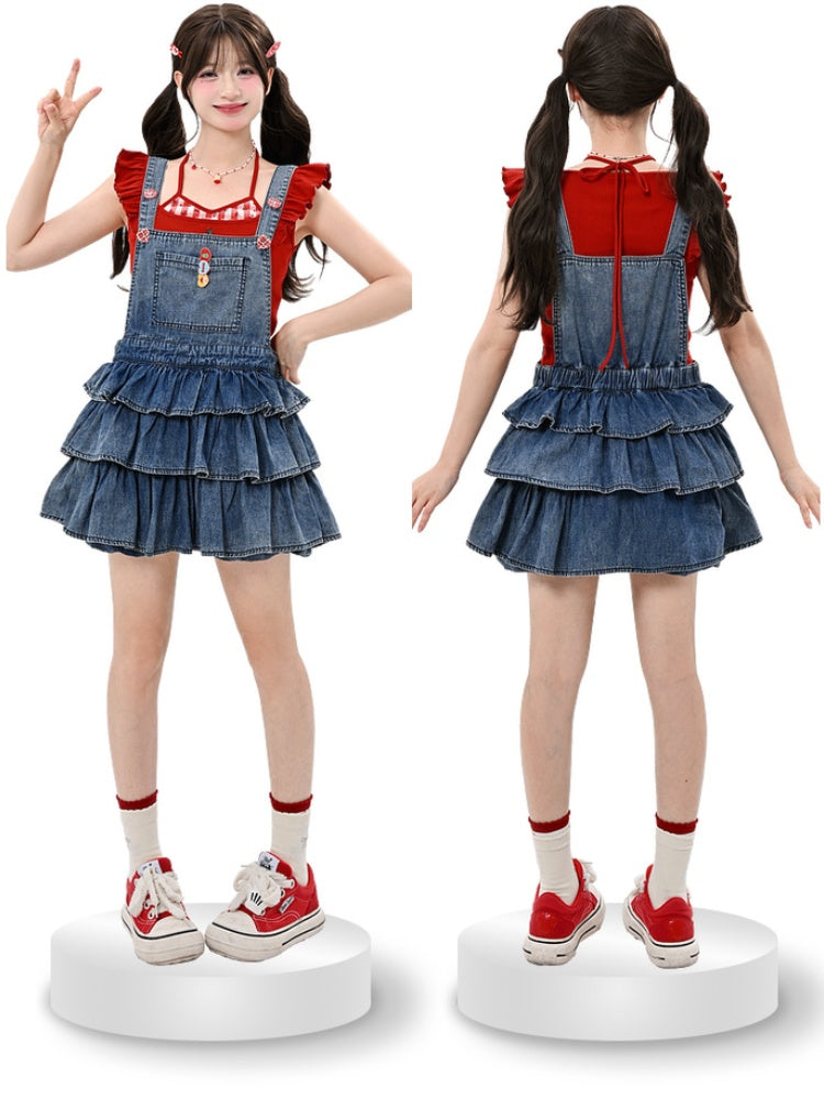 Overalls Lined Blue Tiered Ruffles Distressed Denim Design
