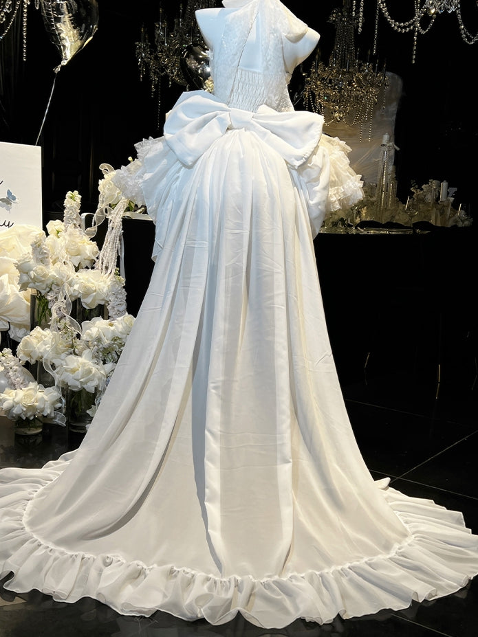 White Floor Length Big Bow Train