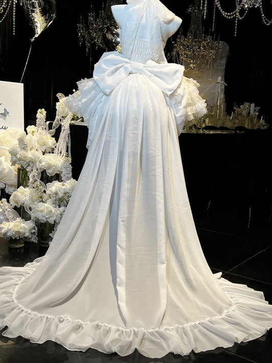 White Floor Length Big Bow Train
