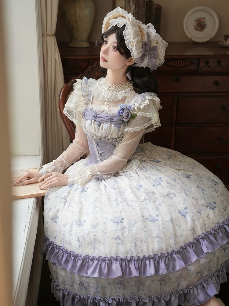 Full Lolita Print Iris Floral Boned Bodice Dress Set Corset Classic Purple JSK
