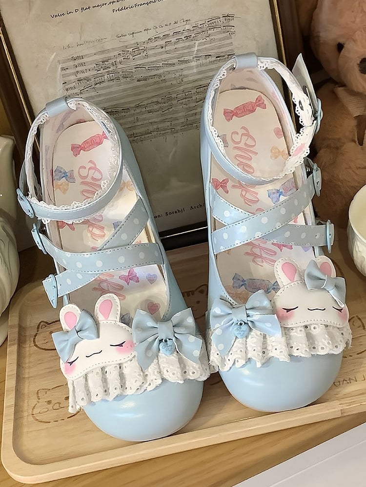 Süßes Design Crisscross Polka-dot Schuhe Lolita Bunny Spitze Applique Trim Muster Details Bowknot Blau