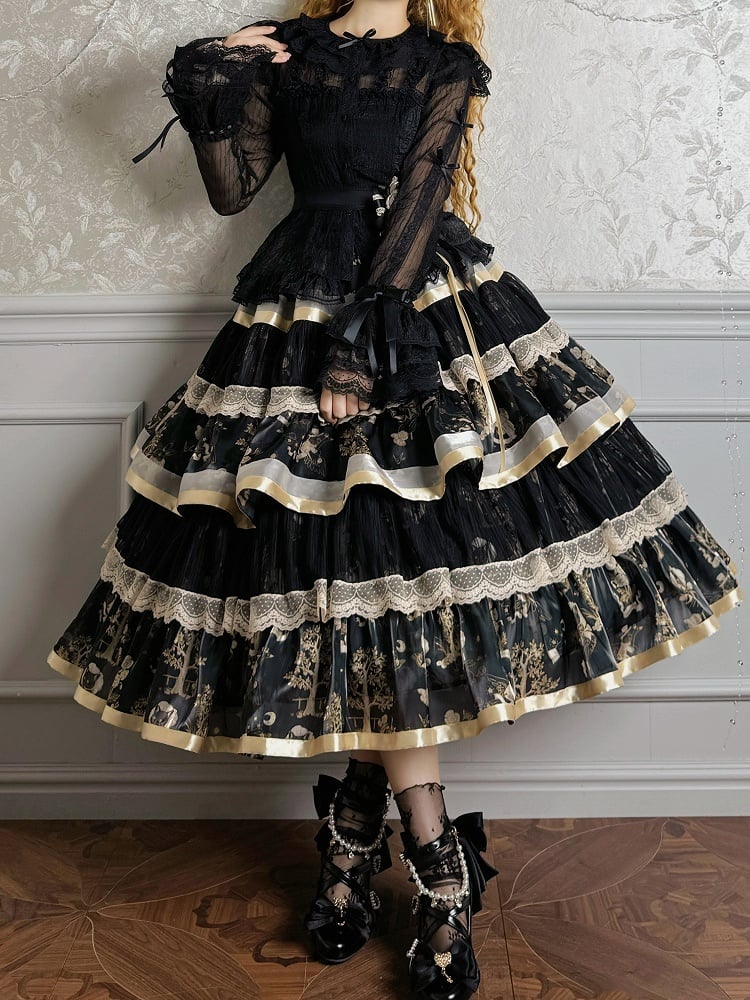 Skirt Black Gold and Print Ruffle Bunny Tiered Kitty Lolita
